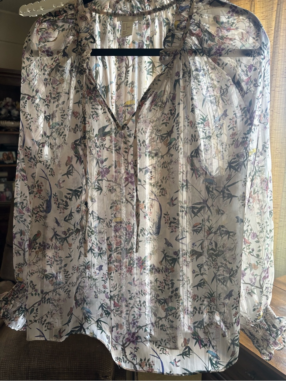 H&M Sheer Floral Tie-Neck Blouse in White and Green